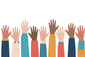 colorful raised hands in cartoon style